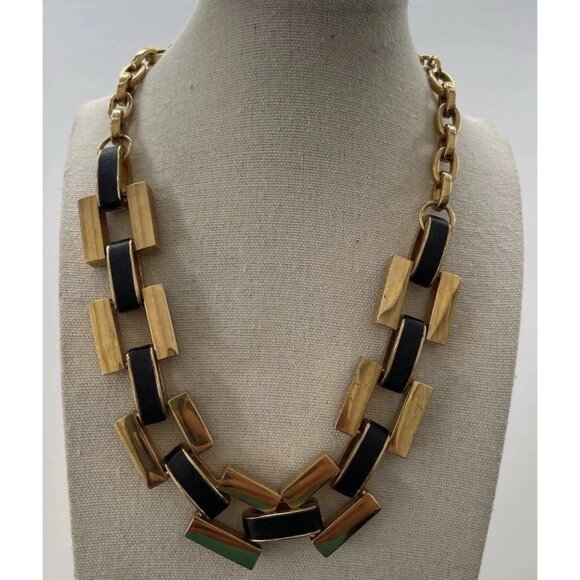 Ann Taylor Vintage Matte Gold and Black Leather Link Chain Necklace Quality 19” - Picture 11 of 16